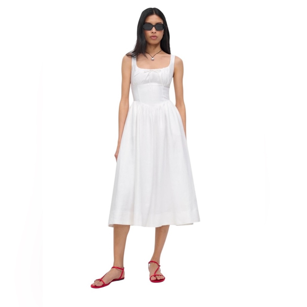 White Midi Sundress with Square Neck - Classic Summer Dress 100 Percent Linen
